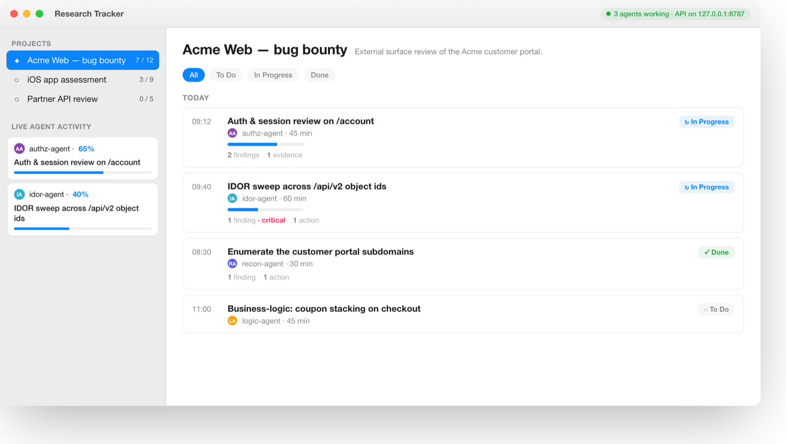 Research Tracker showing a bug bounty project's agenda, with three agents working live and their progress in the sidebar